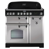 Classic Deluxe 90cm induction range cooker in Royal Pearl with chrome trim, featuring a sleek black control panel, multiple knobs, and two ovens with a glass window.