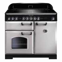 Deluxe 100cm induction range cooker in Royal Pearl with chrome trim, featuring a sleek black induction top, two ovens, and chrome control knobs.