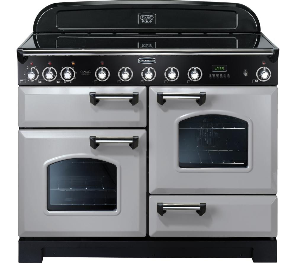 Classic Deluxe 110cm induction range cooker in Royal Pearl with chrome trim, featuring five knobs, digital display, and two ovens with glass doors.
