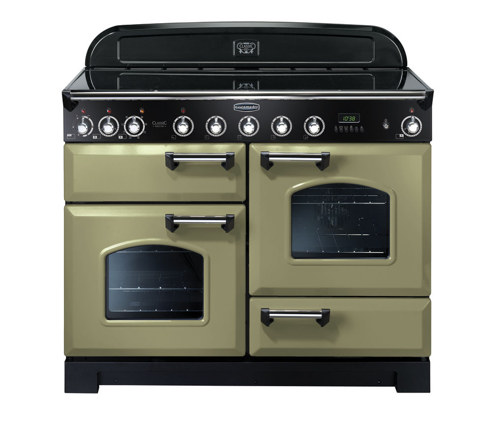 Classic Deluxe 110cm induction range cooker in olive green with chrome trim, featuring two ovens, a sleek black control panel, and multiple knobs for precise cooking control.