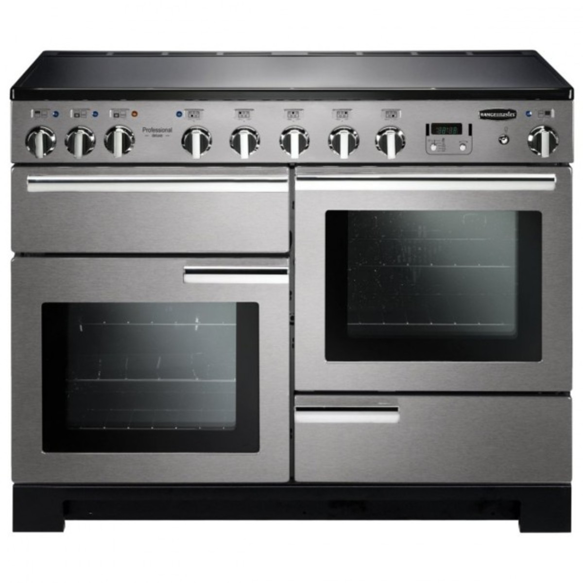 Stainless steel Rangemaster PDL110EISSC electric induction range cooker featuring a sleek design, five control knobs, two ovens with glass doors, and a smooth induction cooktop.