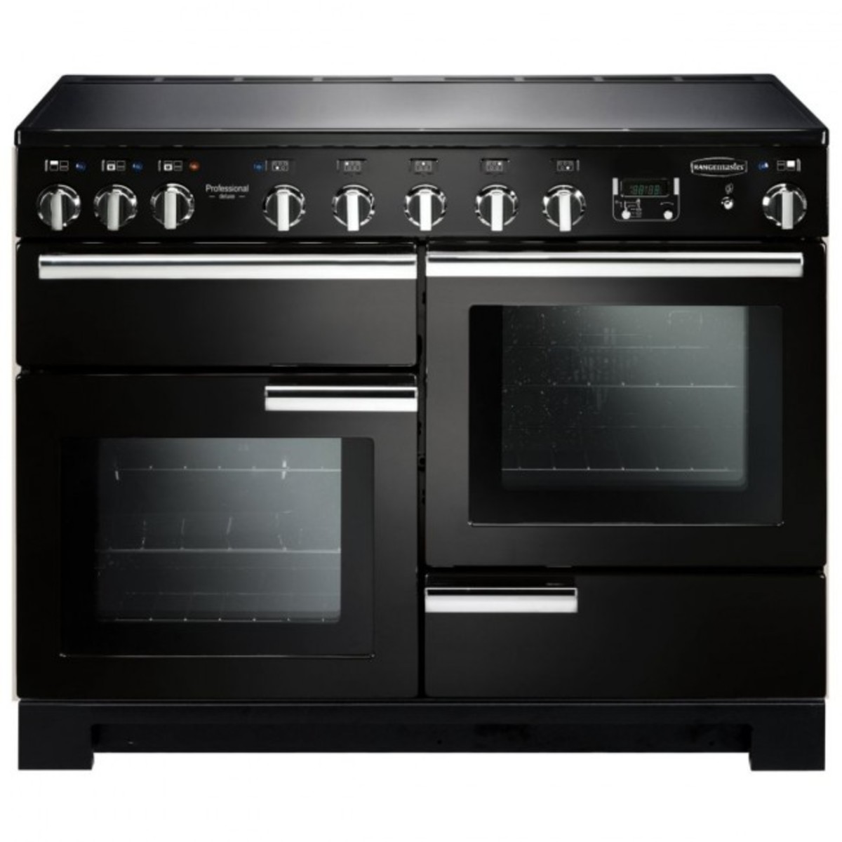 Professional deluxe 110cm induction range cooker in black with chrome trim, featuring six control knobs, two large glass-fronted ovens, and a sleek, modern design.