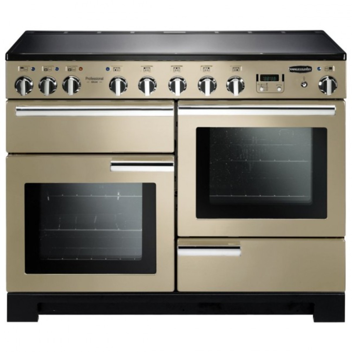 Deluxe 110cm induction range cooker in cream with chrome trim, featuring four burners, dual ovens, and a sleek control panel with knobs and digital display.