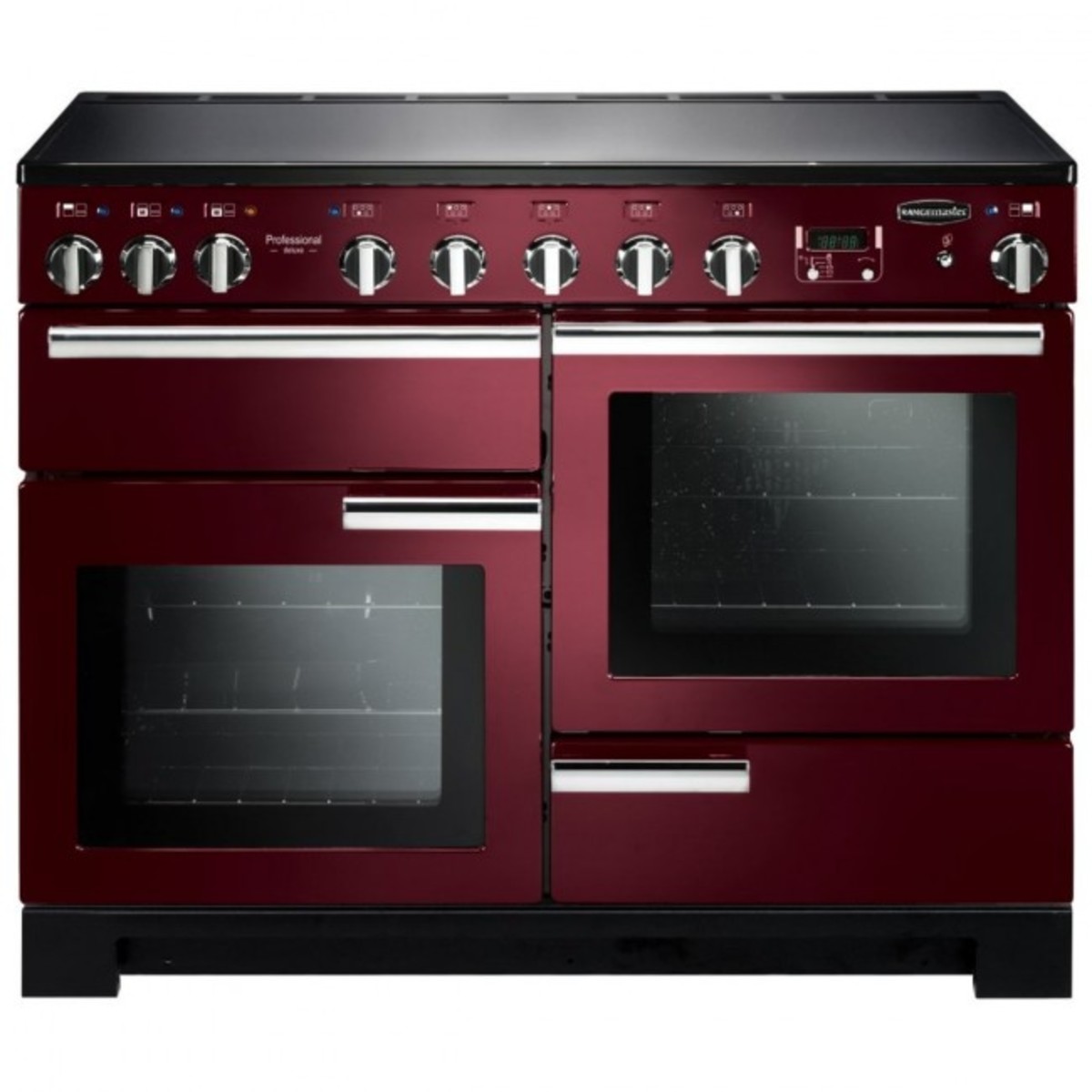 Deluxe 110cm induction range cooker in cranberry red with chrome trim, featuring two ovens, five control knobs, and a sleek glass top.