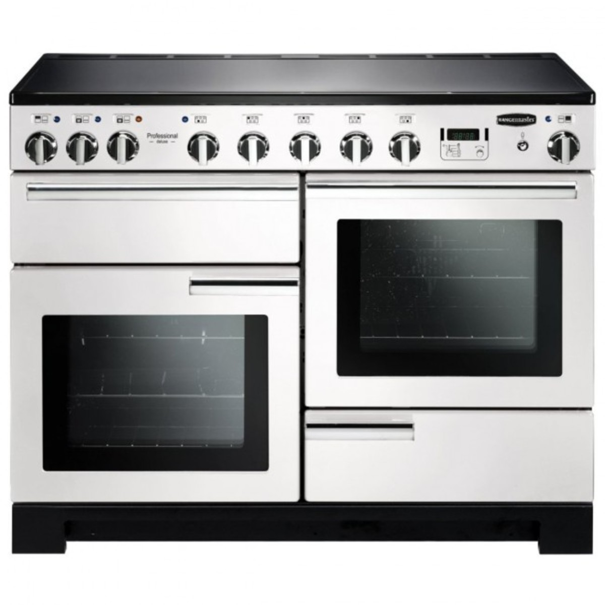 Deluxe 110cm induction range cooker in white with chrome trim, featuring multiple knobs, two large glass-fronted ovens, and a sleek black induction cooktop.