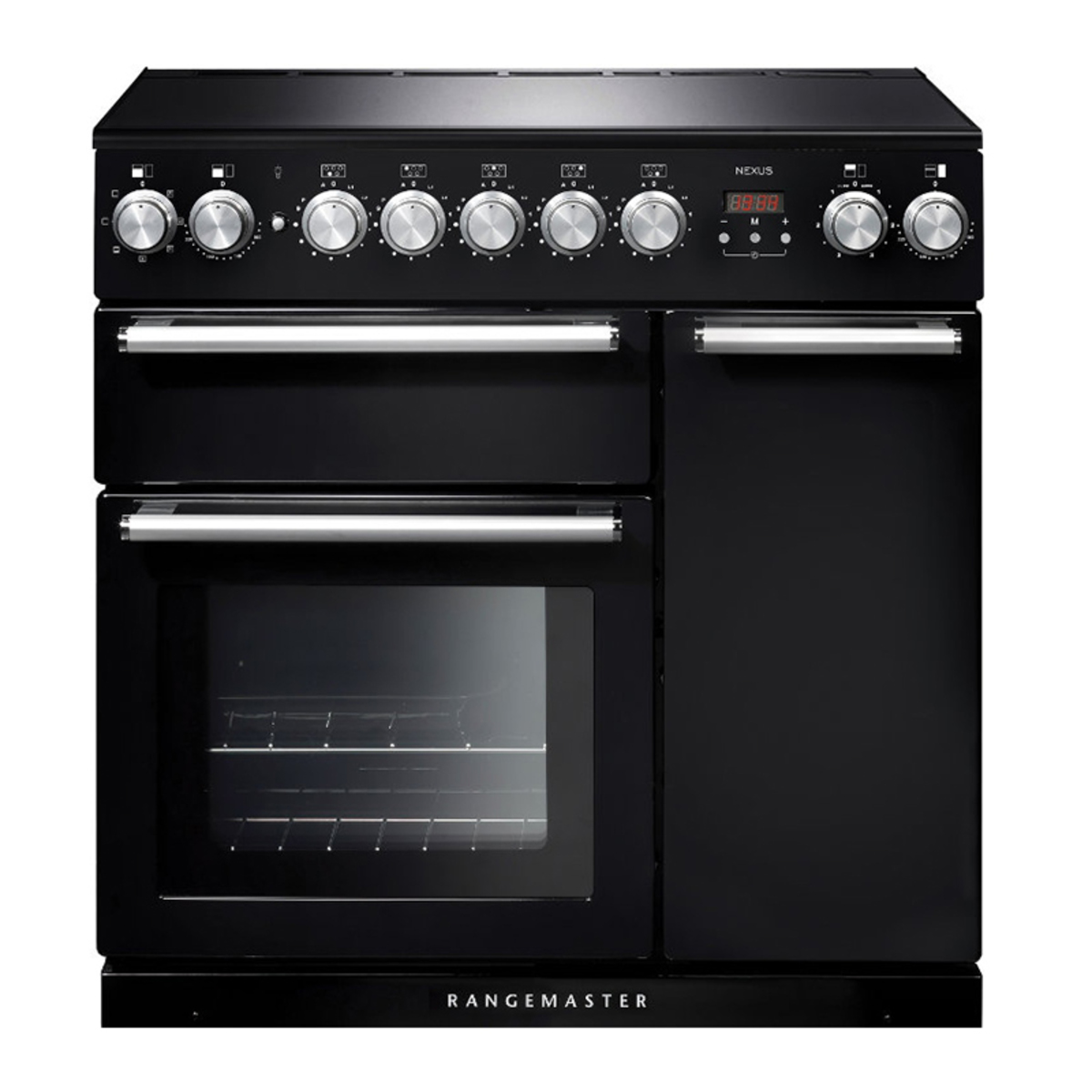 Black 90cm induction range cooker with chrome trim, featuring six control knobs, a digital display, and two ovens with glass doors, branded with "RANGEMASTER" at the bottom.