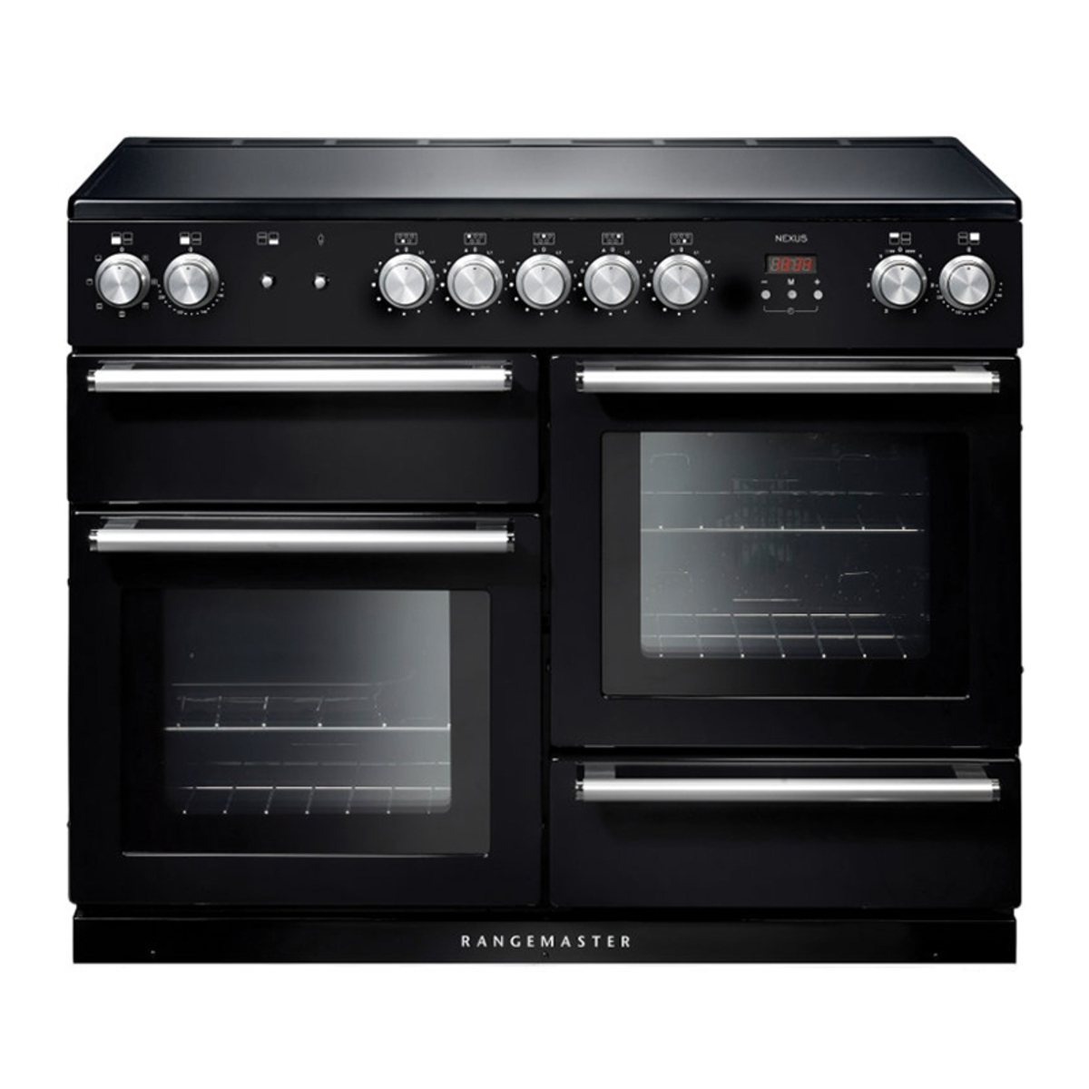 Black and chrome 110cm induction range cooker with six control knobs, two large glass-fronted ovens, and a sleek modern design, featuring a digital display and stainless steel trim.