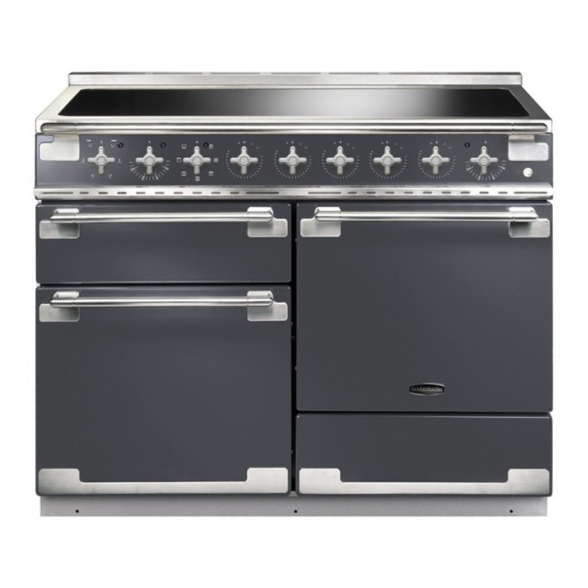 Slate-colored Rangemaster Elise 110cm electric induction range cooker featuring a smooth top, six control knobs, and two spacious ovens with stainless steel accents.