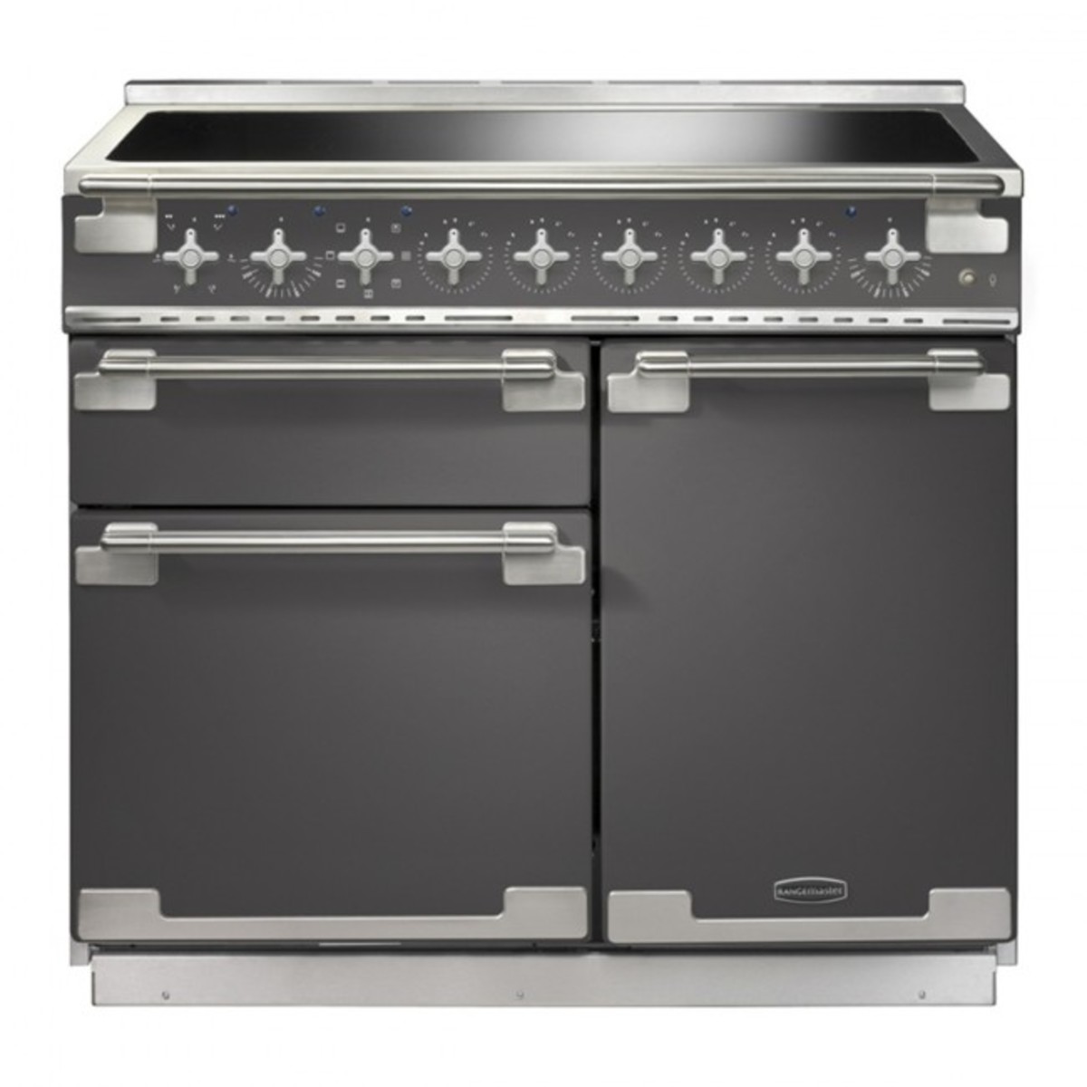 Slate-colored 100cm induction range cooker with brushed nickel trim, featuring five control knobs, two ovens, and a smooth cooking surface.