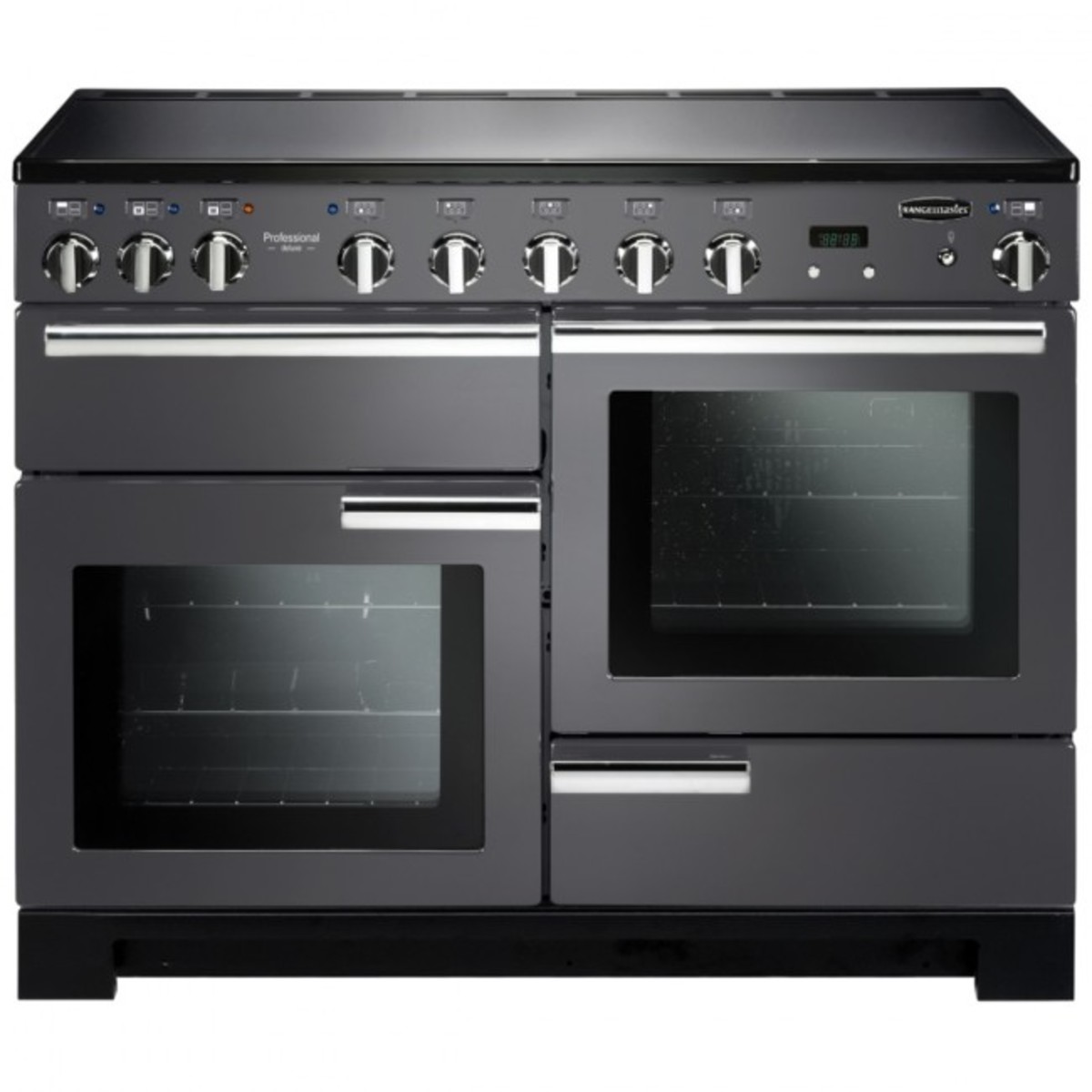 Professional Deluxe 110cm electric induction range cooker in slate grey, featuring multiple knobs, two spacious ovens, and a sleek, modern design.