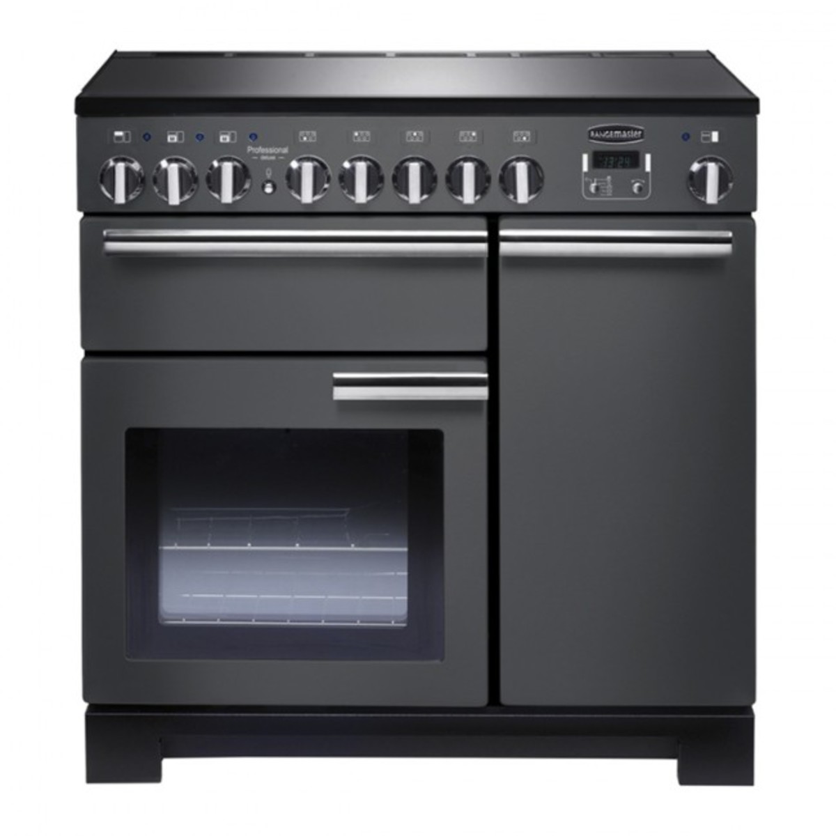 Professional Deluxe 90cm electric induction range cooker in slate grey, featuring six induction burners, stainless steel knobs, and dual ovens with a glass door.