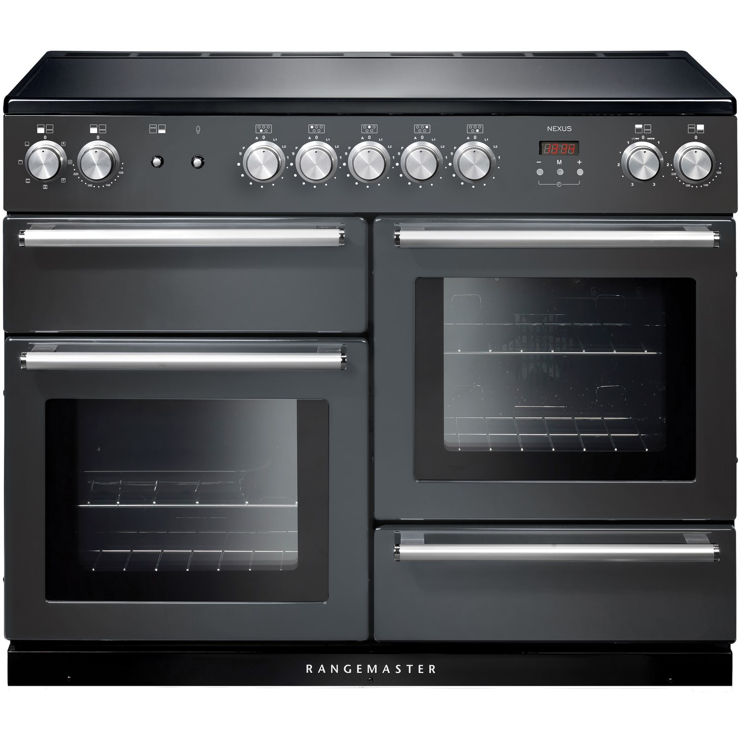 Slate-colored 110cm induction range cooker with chrome trim, featuring six control knobs, digital display, and two large glass-fronted ovens.