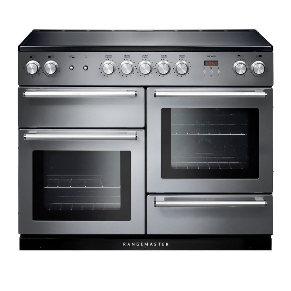 Stainless steel Rangemaster NEXUS 110cm induction range cooker with chrome trim, featuring six control knobs, a digital display, and two large glass-fronted ovens.