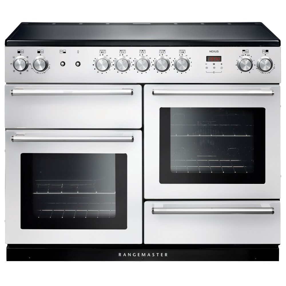 White and chrome 110cm induction range cooker featuring two ovens, five control knobs, a digital display, and a sleek black induction cooktop.