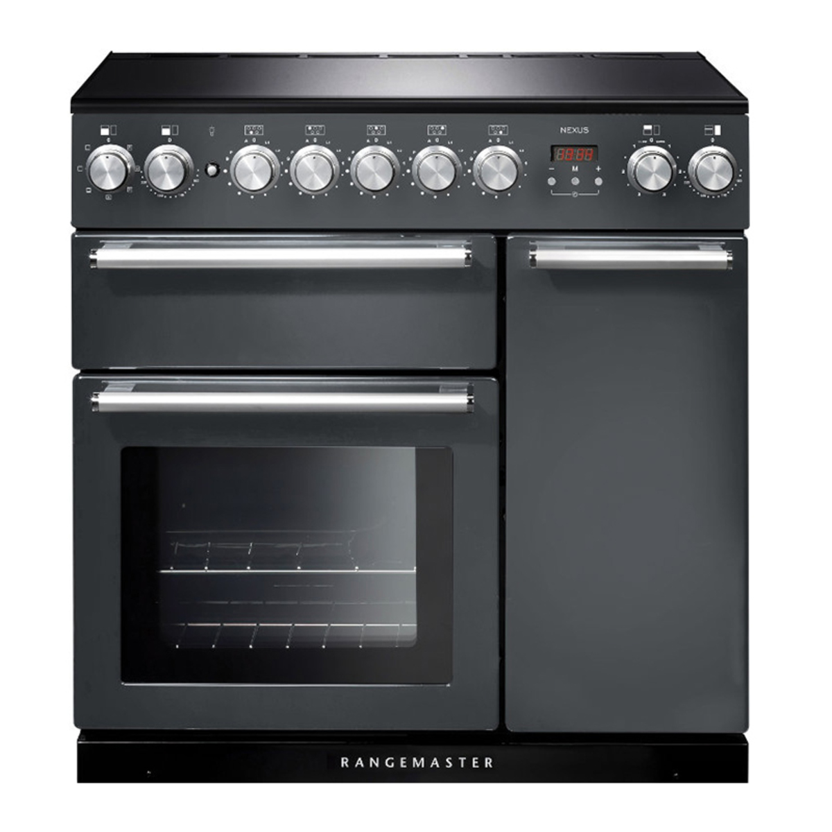 90cm Rangemaster NEXUS induction range cooker in slate with chrome trim, featuring six control knobs, two ovens, and a digital display.
