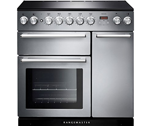 Stainless steel 90cm induction range cooker with chrome trim, featuring five control knobs, a digital display, and two ovens with glass doors.