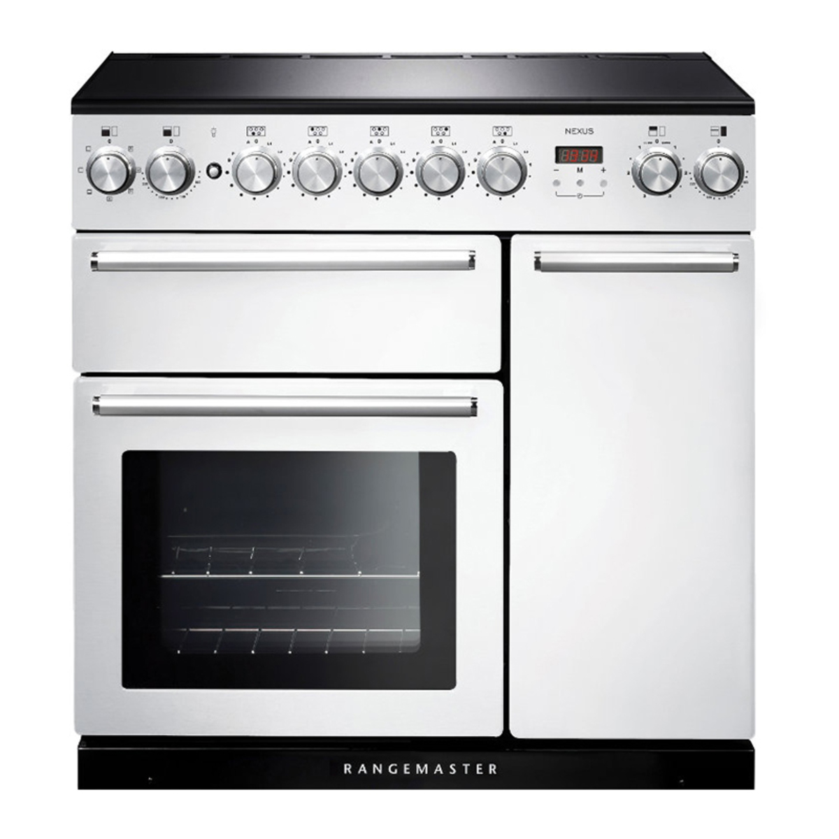 White 90cm induction range cooker with chrome trim, featuring six control knobs, a digital display, two ovens, and a sleek black induction cooktop.