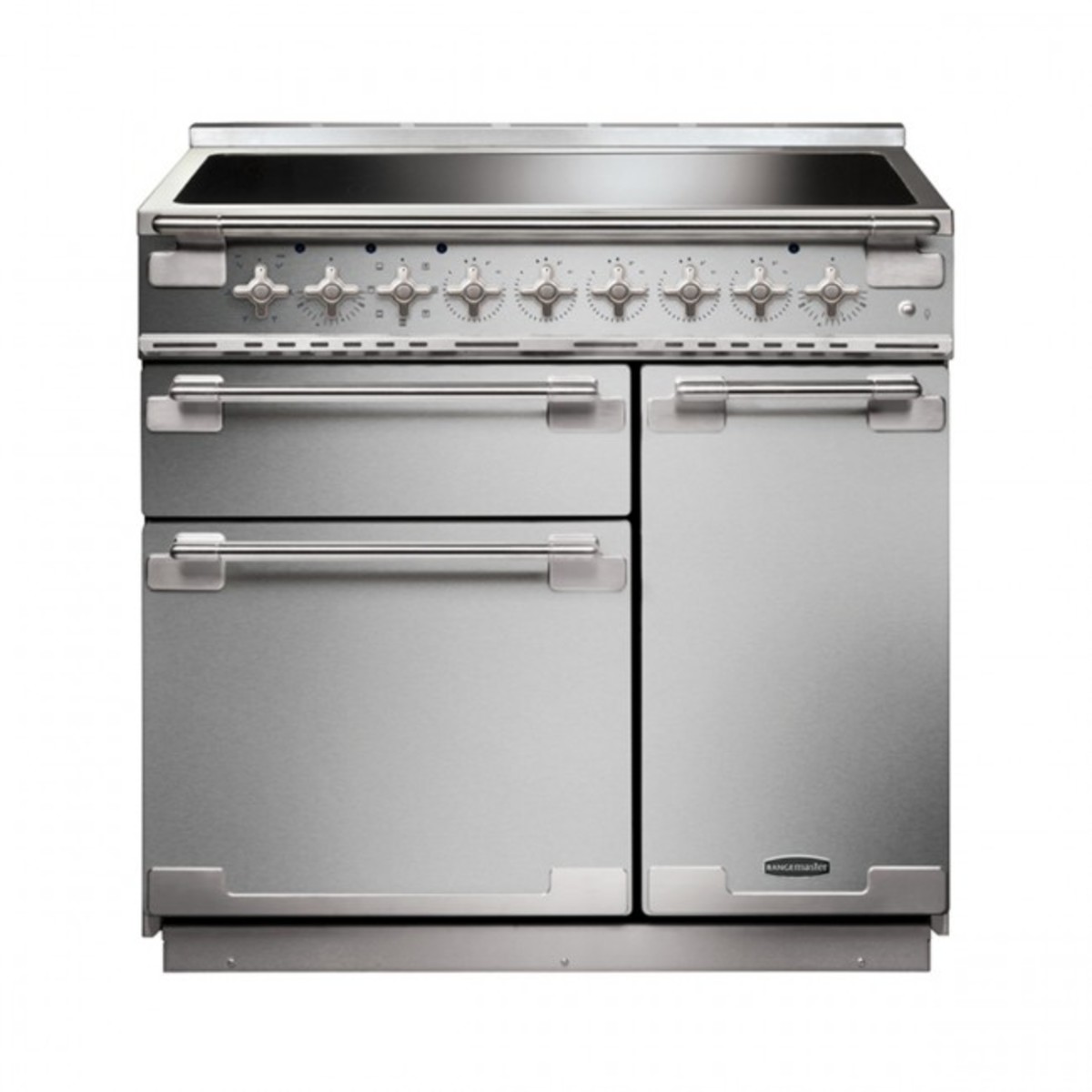 Stainless steel 90cm induction range cooker with brushed nickel trim, featuring five control knobs, two ovens, and a sleek, modern design.