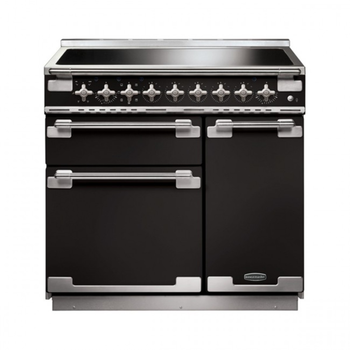 Gloss black induction range cooker with brushed nickel trim, featuring six control knobs, two oven doors, and a sleek, modern design.