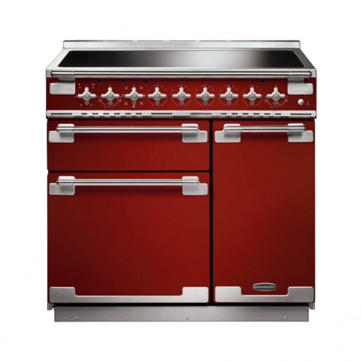Cherry red induction range cooker with brushed nickel trim, featuring six control knobs, two ovens, and a sleek glass cooktop.