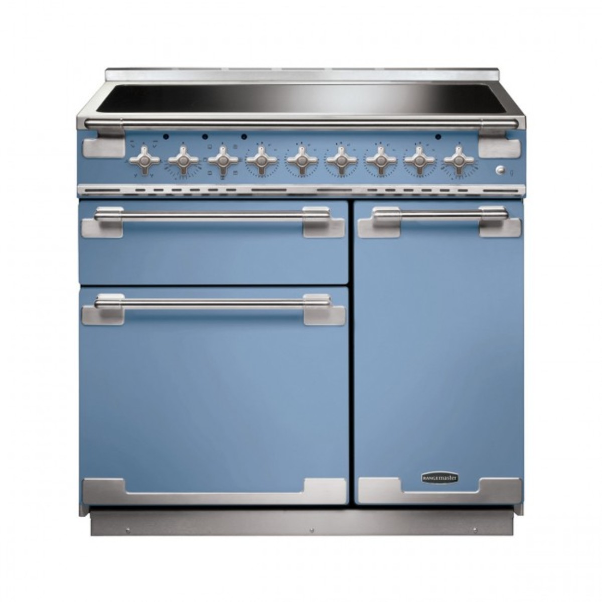 Elise 90cm induction range cooker in China Blue with brushed nickel trim, featuring a sleek black induction cooktop and multiple control knobs.