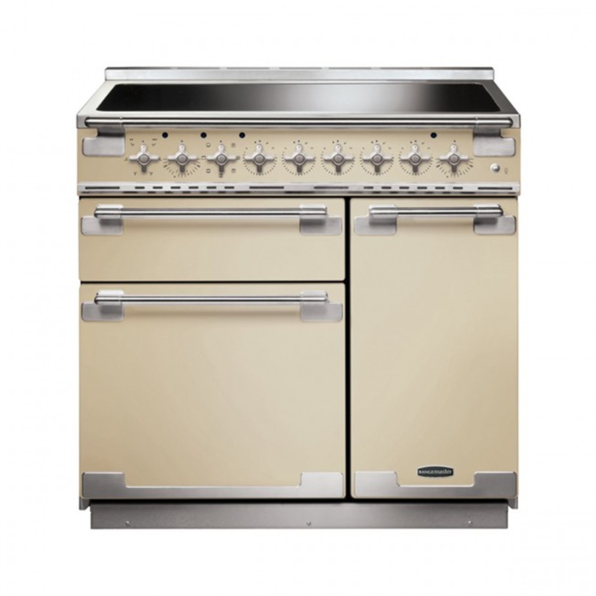 Cream-colored 90cm induction range cooker with brushed nickel trim, featuring a sleek black induction cooktop and six control knobs, along with two spacious oven doors.
