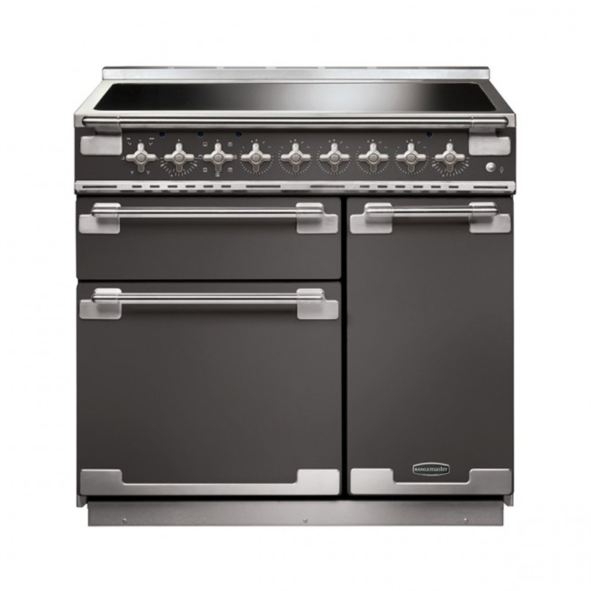 Slate-colored 90cm induction range cooker with brushed nickel trim, featuring six control knobs, a smooth top surface, and two spacious ovens with stylish handles.