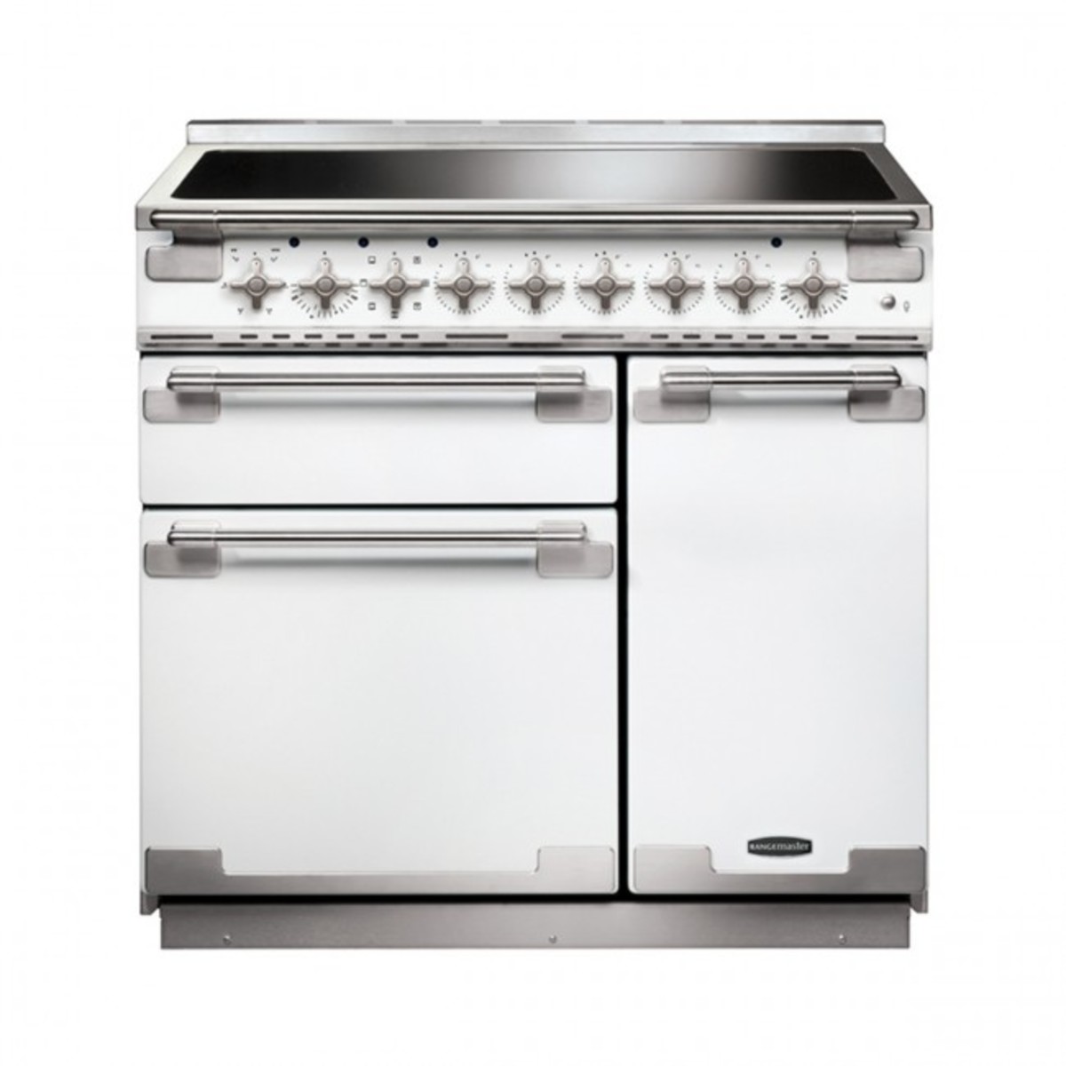 White 90cm induction range cooker with brushed nickel trim, featuring a smooth cooktop, six control knobs, and two spacious oven compartments.