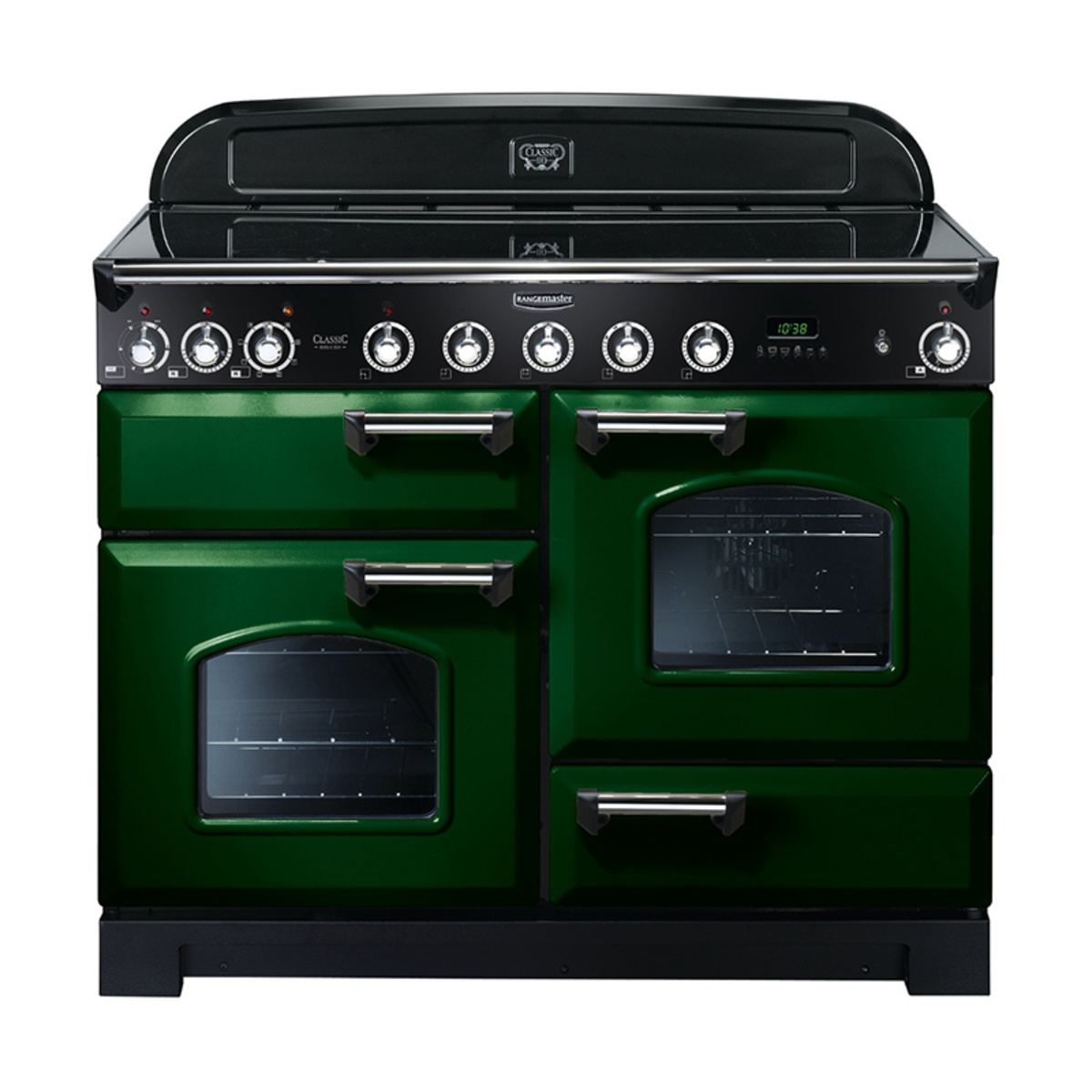 Classic Deluxe 110cm induction range cooker in Racing Green with chrome trim, featuring four burners, two ovens, and a sleek black control panel with knobs and digital display.