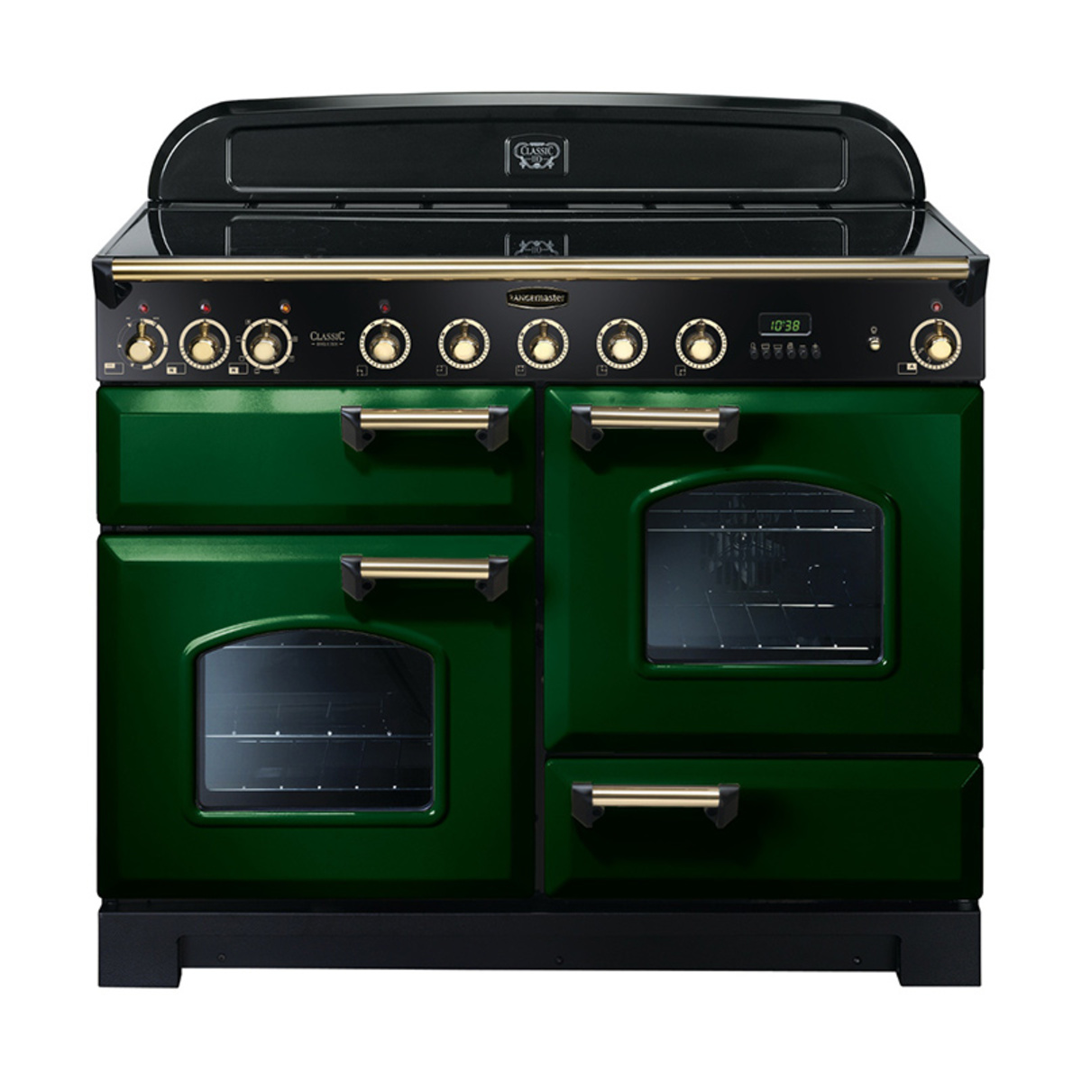Classic Deluxe 110cm induction range cooker in racing green with brass trim, featuring two ovens, a sleek black control panel, and multiple knobs for precise cooking.