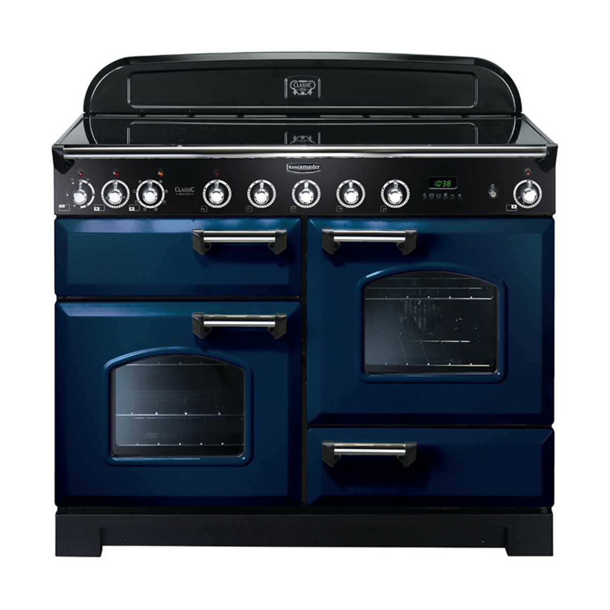 Classic Deluxe 110cm induction range cooker in regal blue with chrome trim, featuring four hobs, dual ovens, and a sleek control panel with dials and digital display.