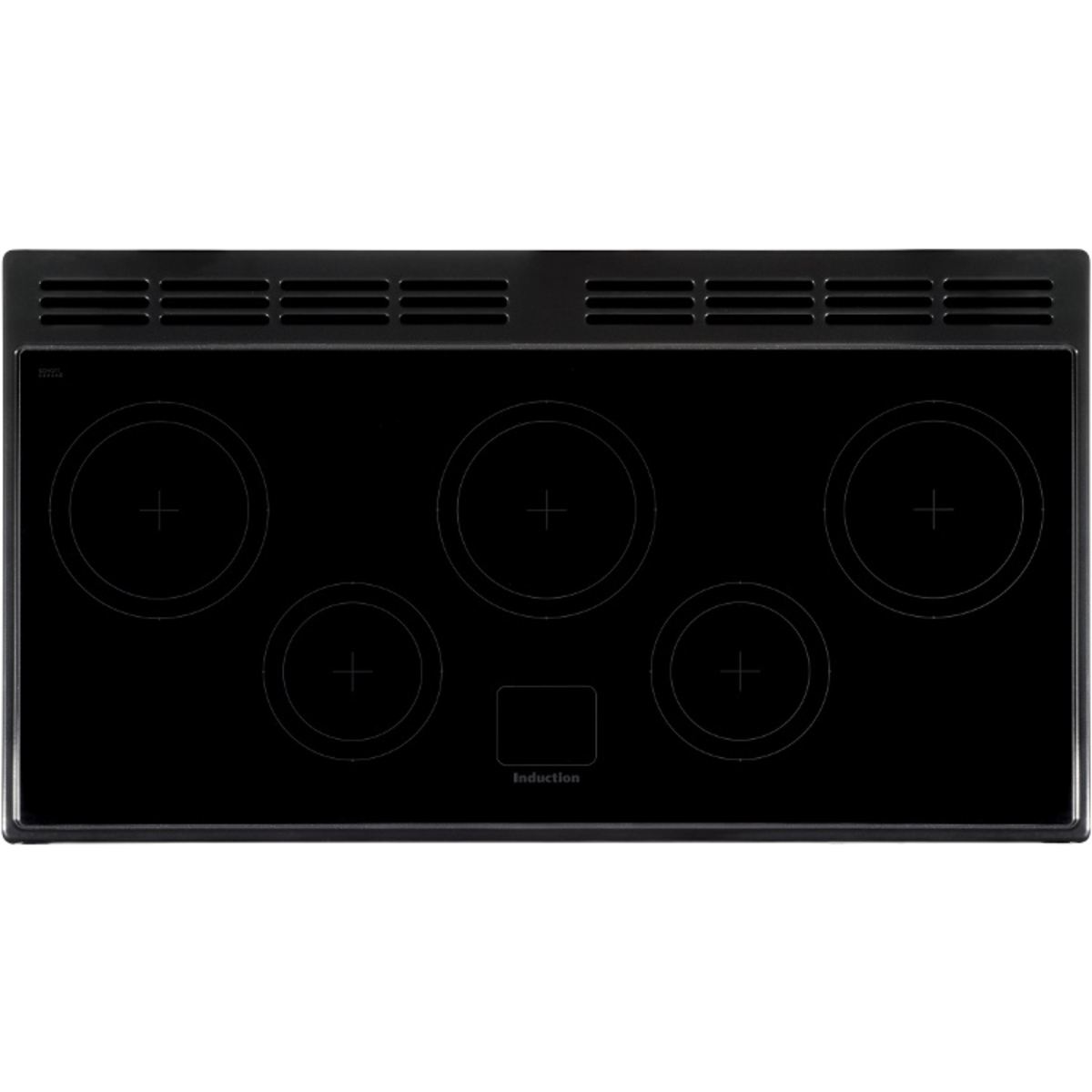 Classic Deluxe 110cm induction range cooker in regal blue with brass trim, featuring a sleek black glass cooktop with five induction zones and a modern design.