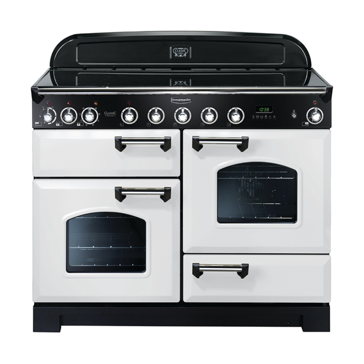 Classic 110cm induction range cooker in white with chrome trim, featuring four knobs, two ovens with glass doors, and a sleek black induction hob on top.