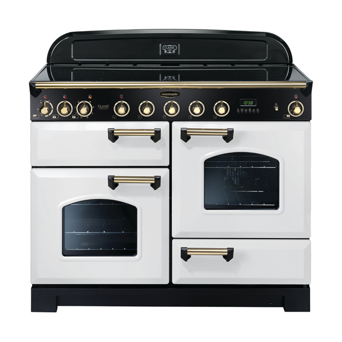 Classic Deluxe 110cm induction range cooker in white with brass trim, featuring four control knobs, two ovens with glass doors, and a sleek black cooking surface.