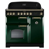 Classic 90cm induction range cooker in racing green with brass trim, featuring five control knobs, dual ovens, and a sleek black top.