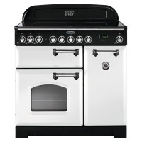 Classic deluxe 90cm induction range cooker in white with chrome trim, featuring multiple control knobs, a large oven door, and a sleek, modern design.