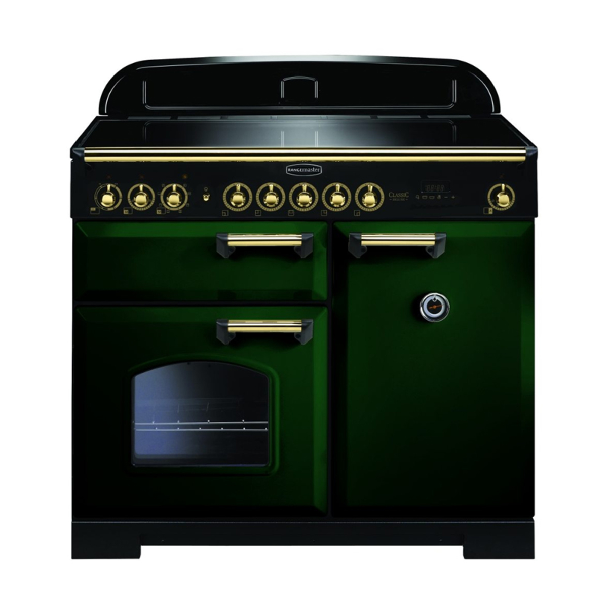 Classic Deluxe 100cm induction range cooker in Racing Green with brass trim, featuring a sleek glass top, multiple control knobs, and a large oven door.