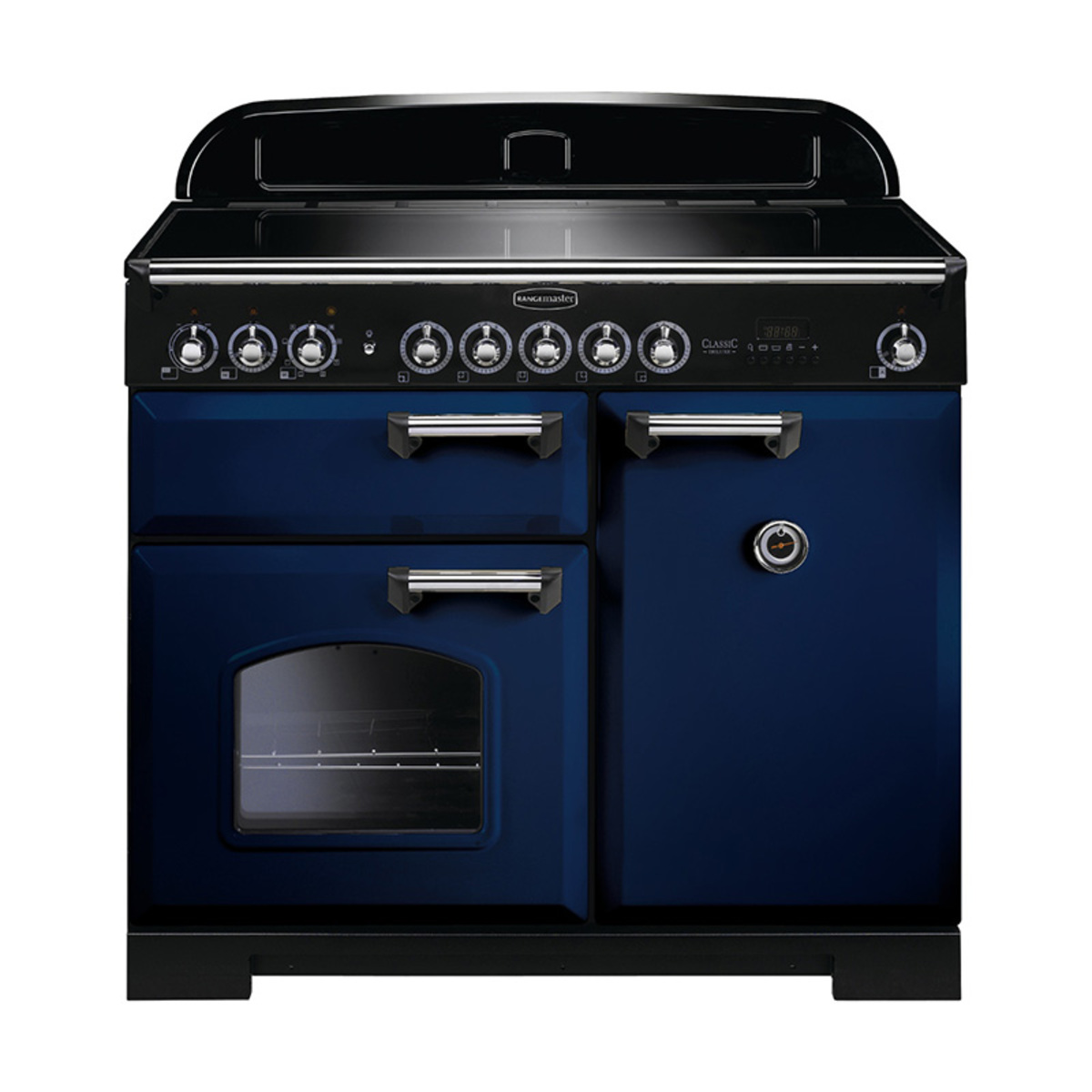 Classic Deluxe 100cm induction range cooker in regal blue with chrome trim, featuring a sleek black cooktop, multiple control knobs, and a large oven with a glass window.