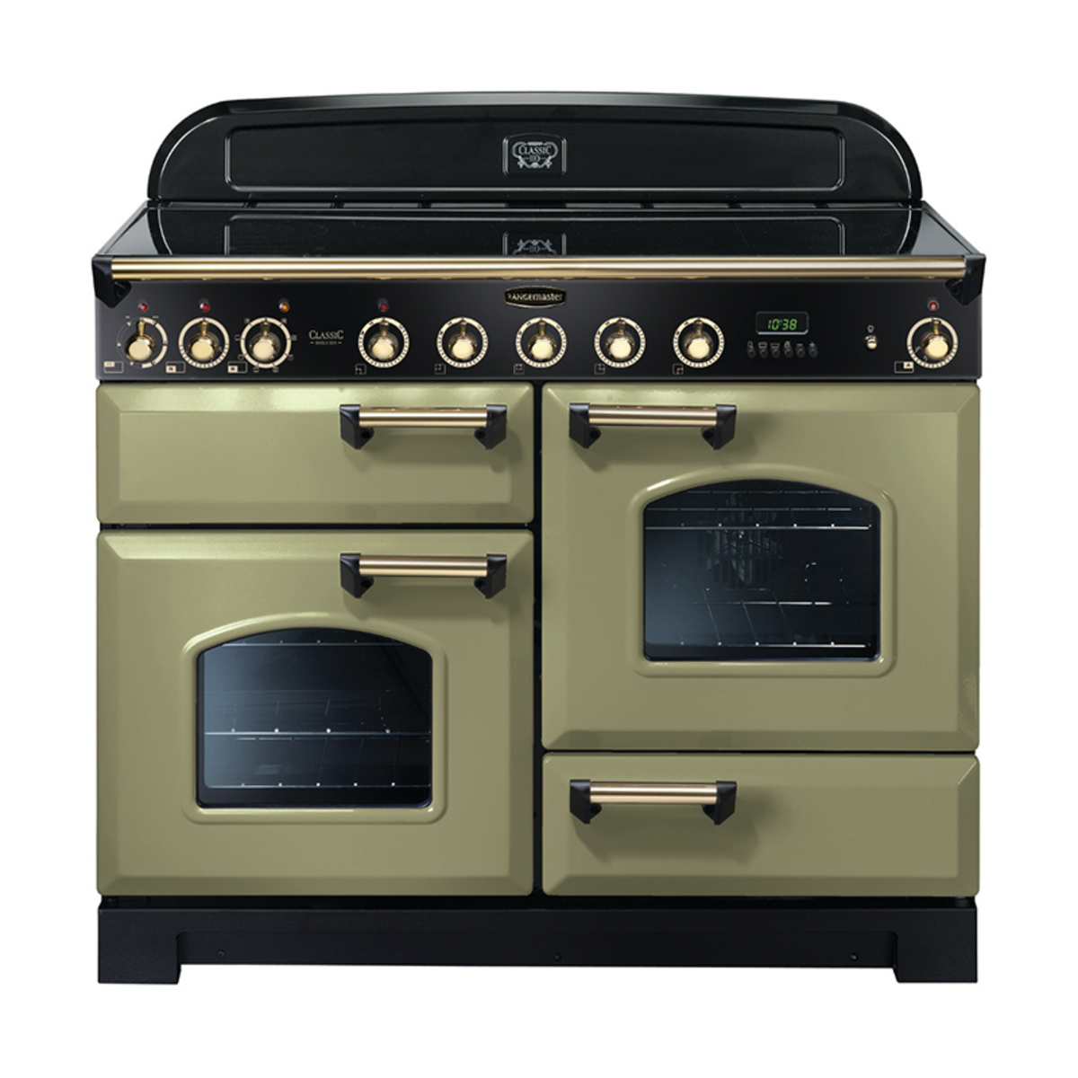 Classic Deluxe 110cm induction range cooker in olive green with brass trim, featuring two ovens, a sleek black hob, and multiple control knobs for precise cooking.