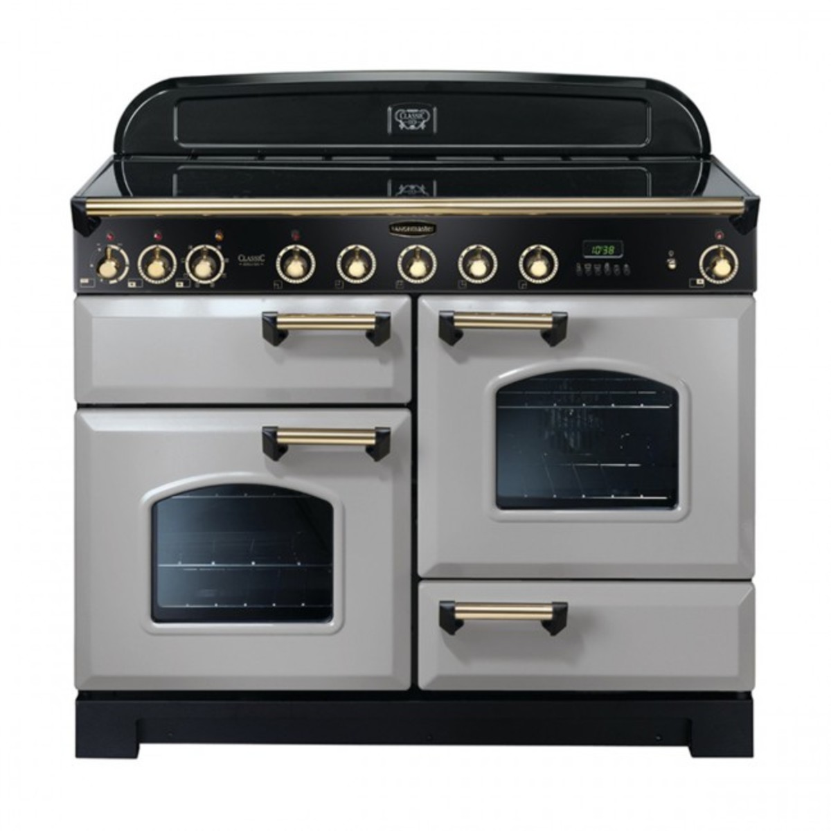 Classic Deluxe 110cm induction range cooker in Royal Pearl with brass trim, featuring two ovens, a sleek black glass top, and multiple control knobs in a polished finish.