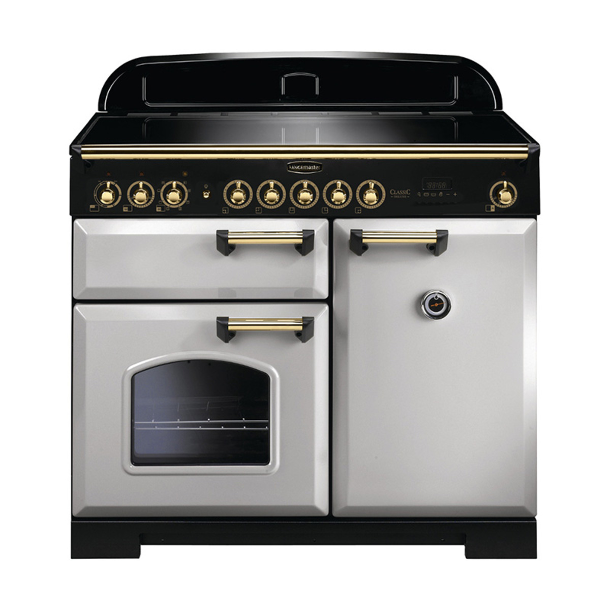 Classic Deluxe 100cm induction range cooker in Royal Pearl with brass trim, featuring a sleek black top, multiple control knobs, and two oven doors with a window.