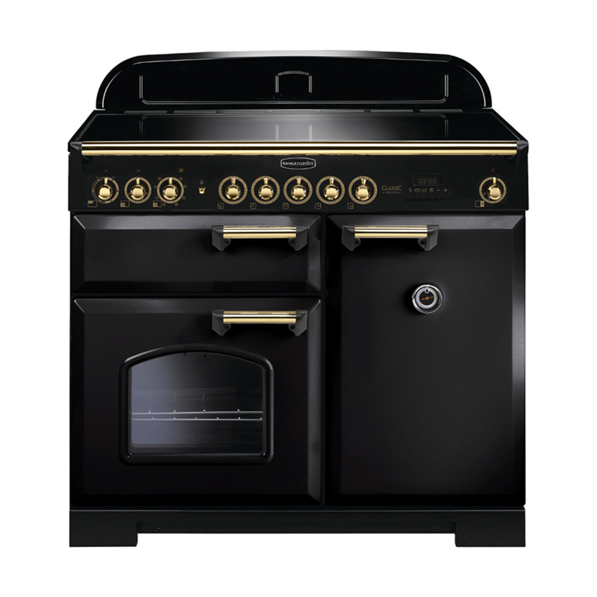 Classic Deluxe 100cm induction range cooker in black with brass trim, featuring a sleek glass top, multiple control knobs, and two oven compartments.