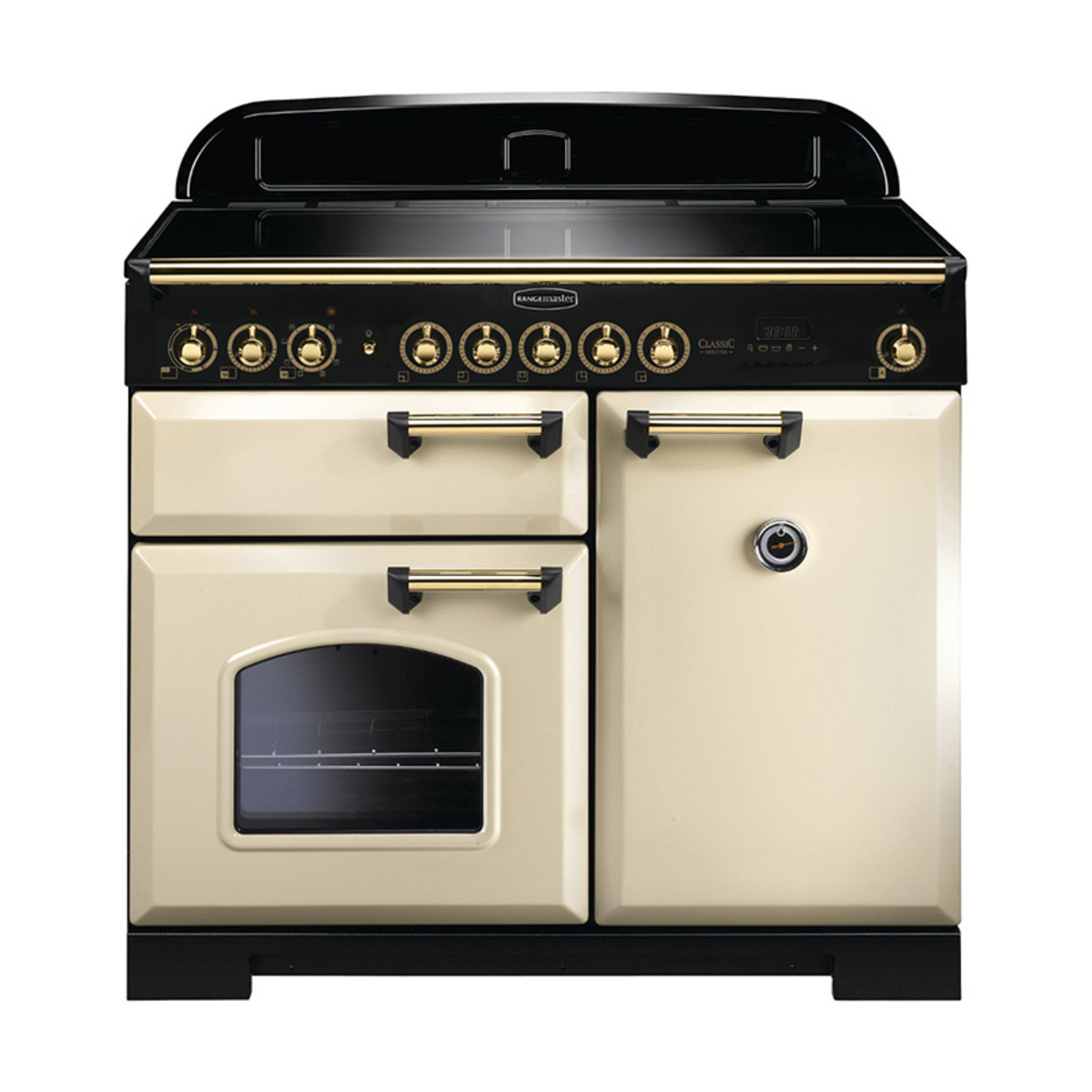Classic Deluxe 100cm induction range cooker in cream with brass trim, featuring a sleek black top, multiple control knobs, two ovens, and a stylish design.