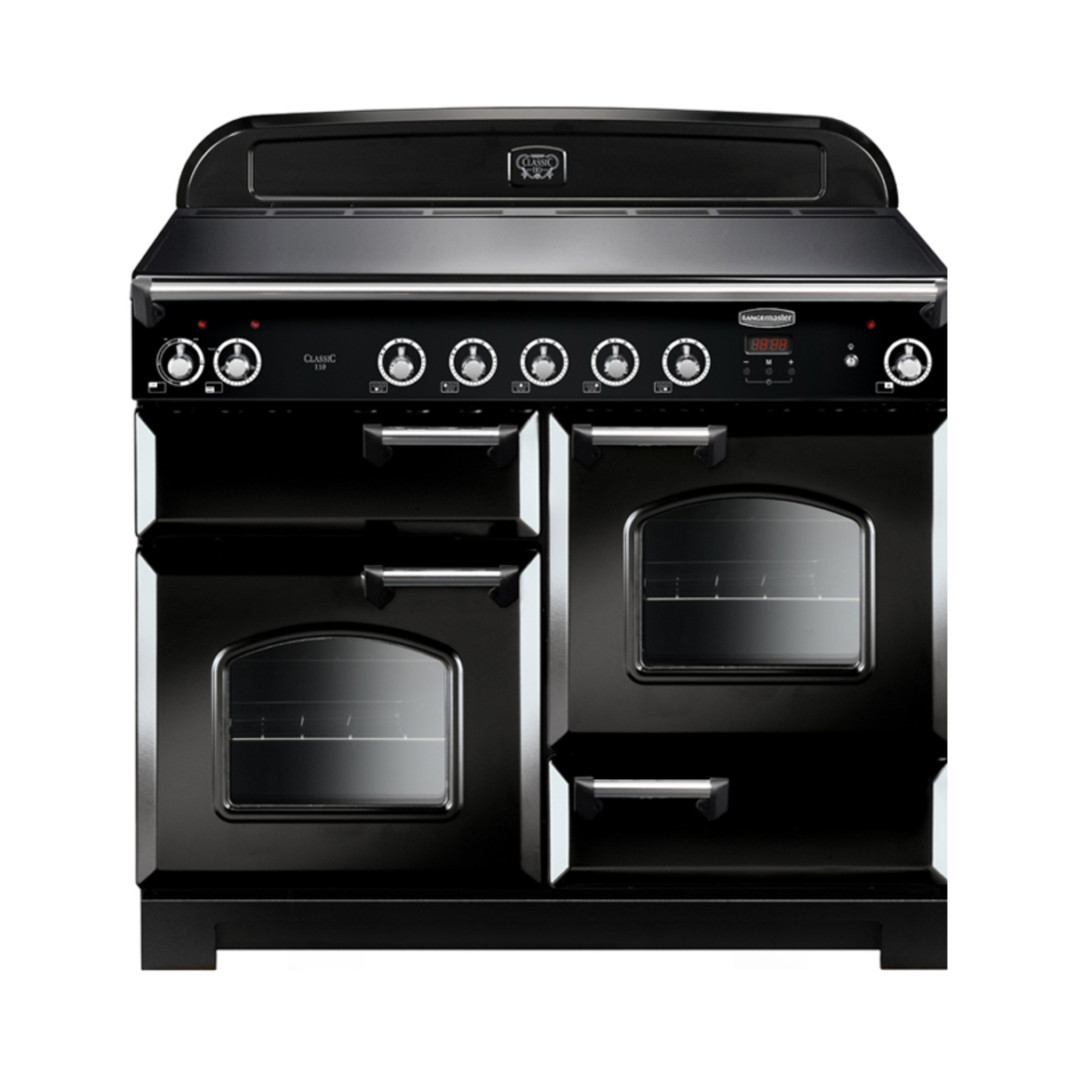 Classic 110cm induction range cooker in black with chrome trim, featuring two ovens, five control knobs, and a sleek design with a modern touch.