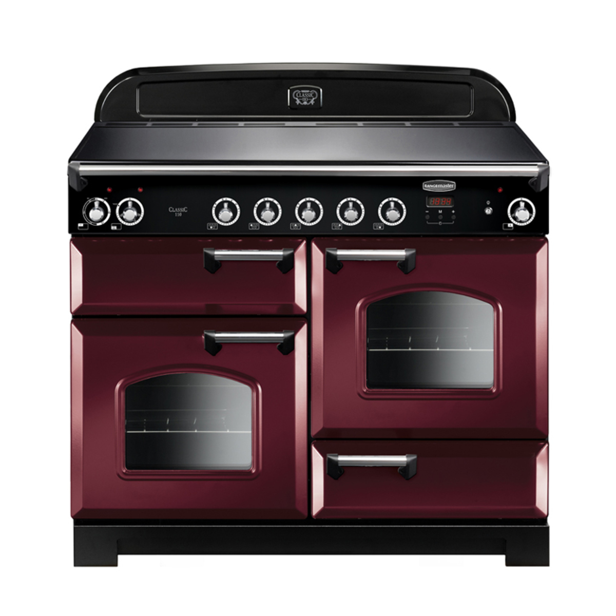 Classic 110cm induction cooker in cranberry with chrome trim, featuring a black hob, five control knobs, and two ovens with glass doors and chrome handles.