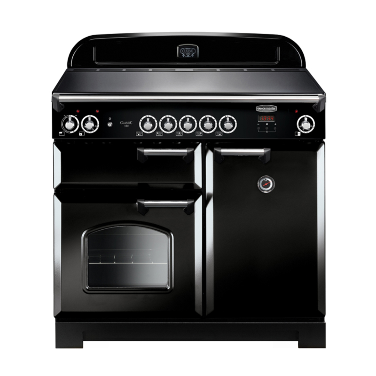 Classic 100cm induction range cooker in black with chrome trim, featuring five control knobs, a digital display, and a large oven with a glass door.