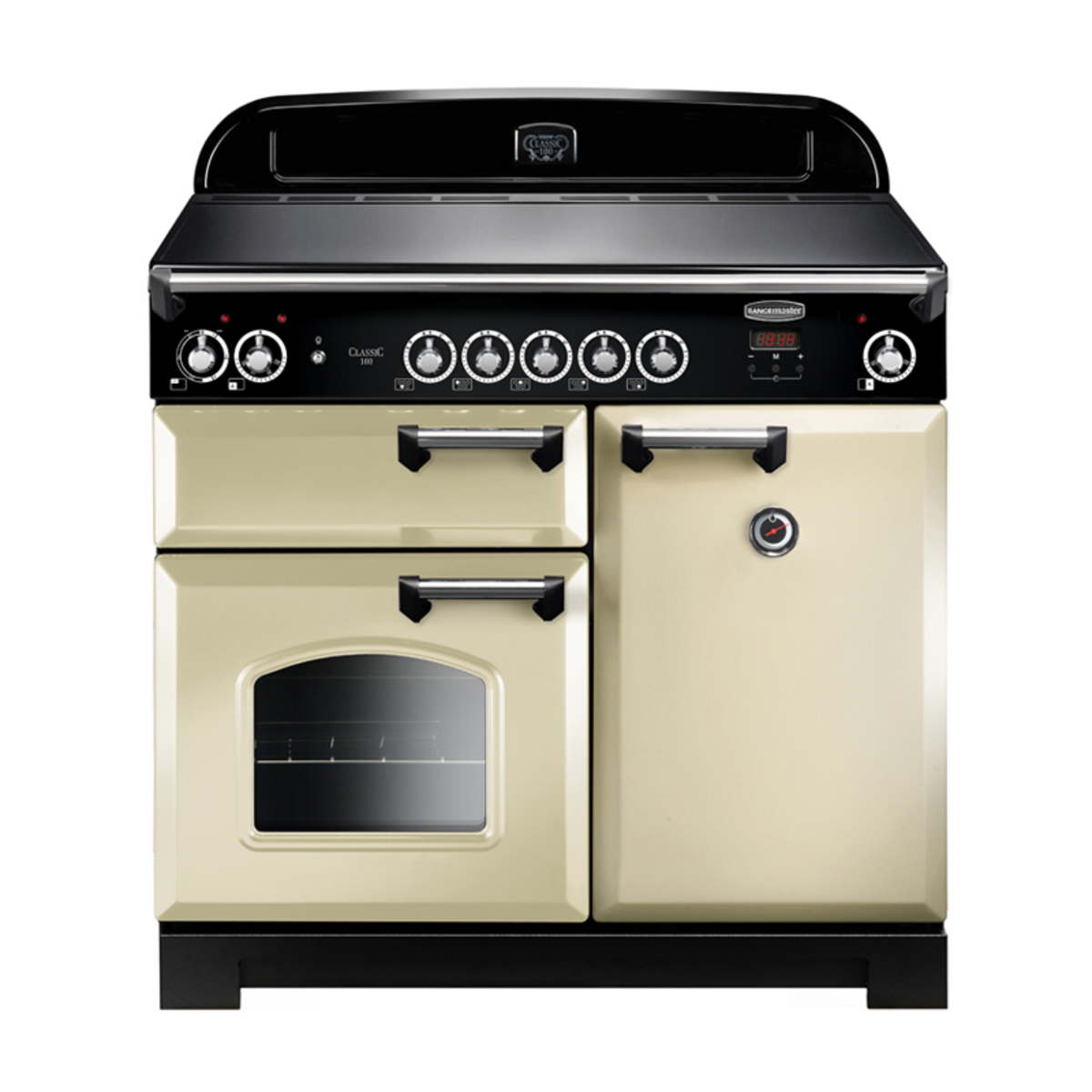 Classic 100cm induction range cooker in cream with chrome trim, featuring a black control panel, five knobs, two ovens, and a sleek design.