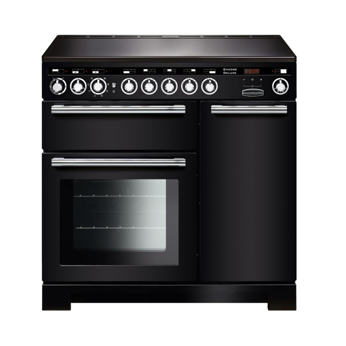 Black and chrome 117300 ENCORE Deluxe 110cm induction range cooker featuring five burners, dual ovens, and a sleek design with control knobs and digital display.
