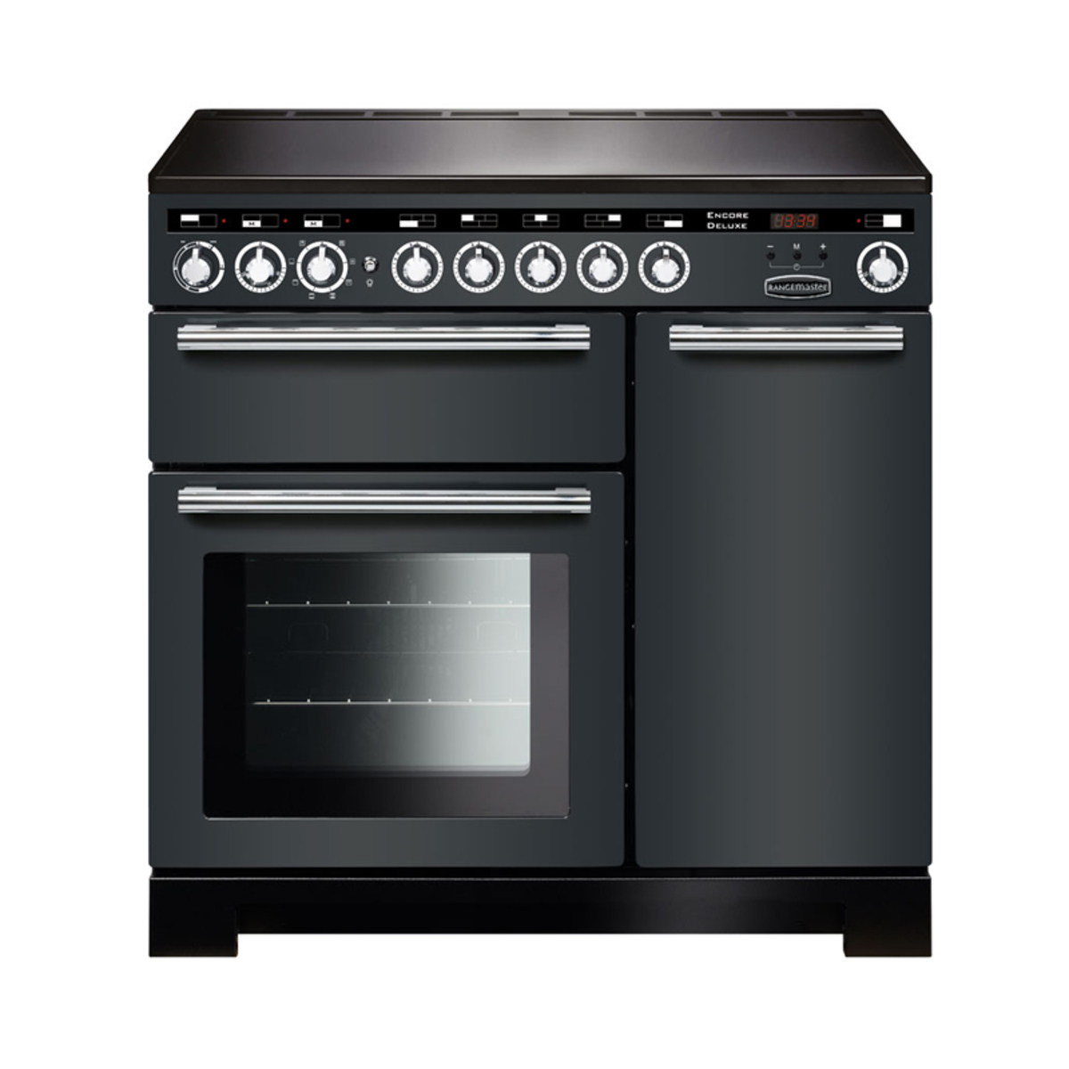 Deluxe 110cm induction range cooker in slate with chrome trim, featuring five control knobs, digital display, and two ovens with glass doors.