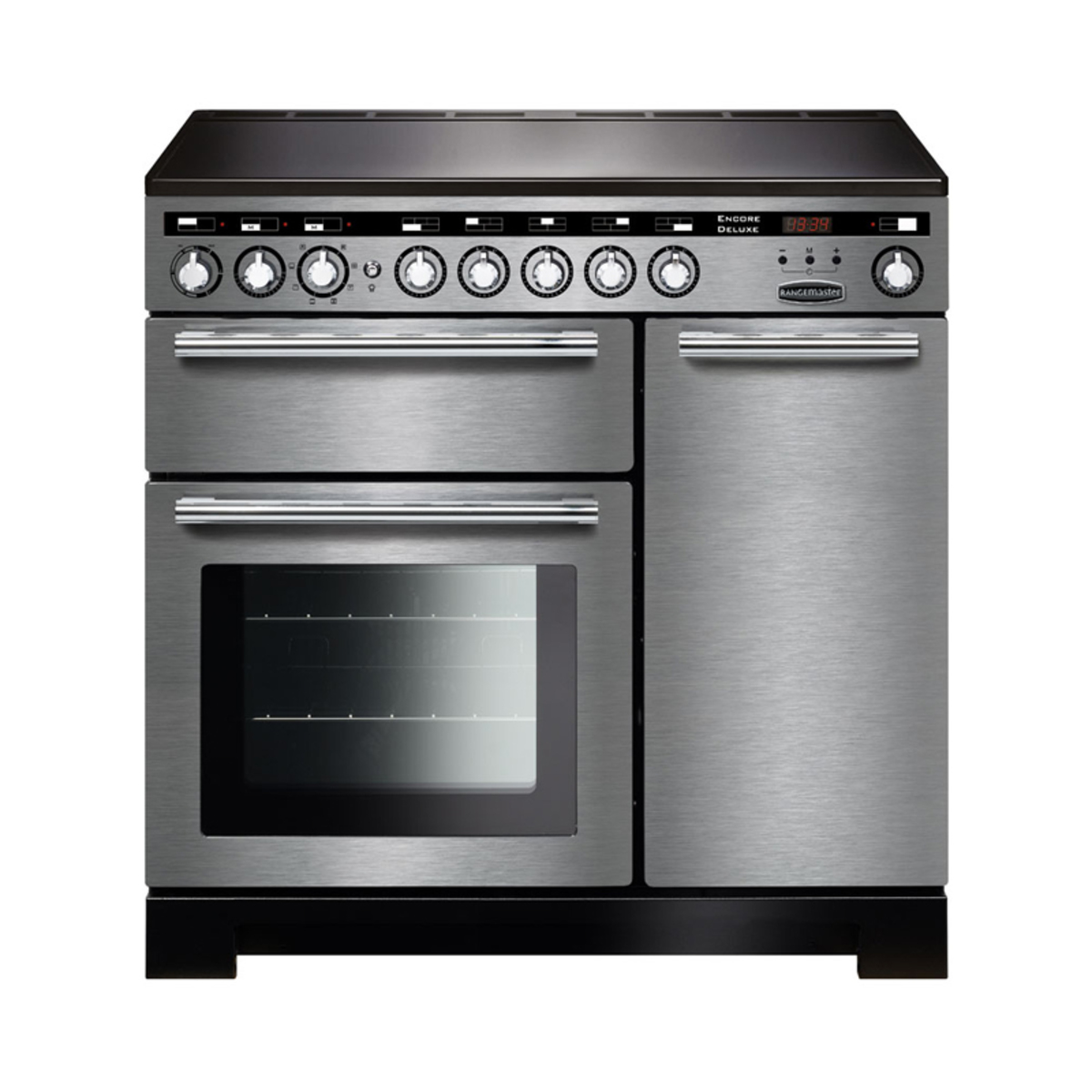 Rangemaster 117330 ENCORE Deluxe 110cm induction range cooker in stainless steel with chrome trim, featuring five control knobs, digital display, and a large oven window.